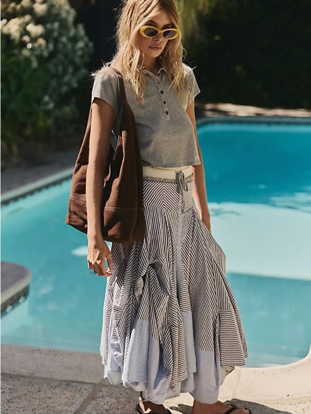 Free People Blue and White Striped Tiered Maxi Skirt